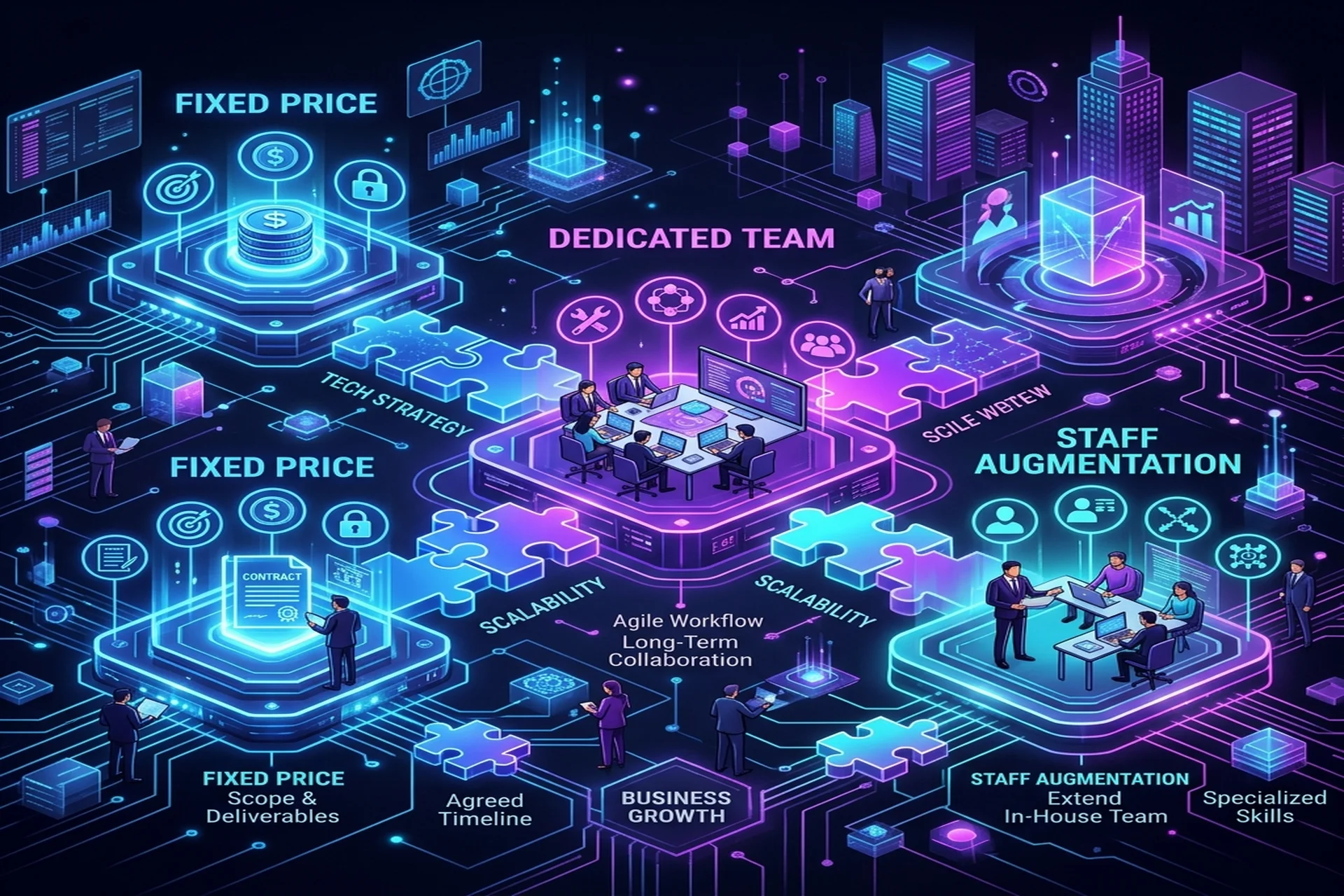 Fixed-Price vs Dedicated Team vs Staff Augmentation visual